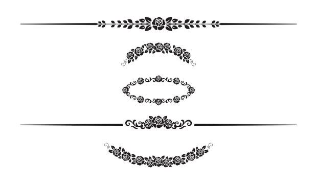 Set of black and white rose floral dividers and frames. decorative design elements for invitations.
