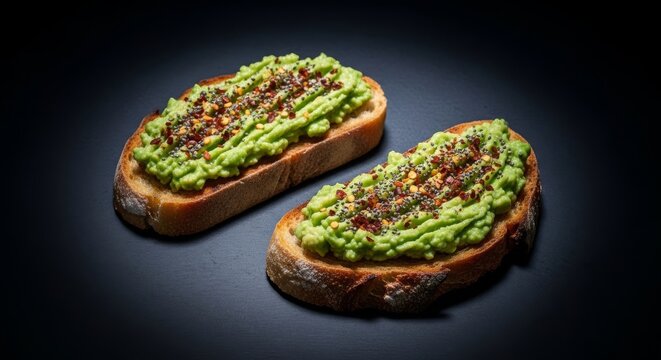 Slices of toasted artisan bread topped with creamy mashed avocado, red pepper flakes, and seeds, set against a dark and moody background, moody, contrast, still life
