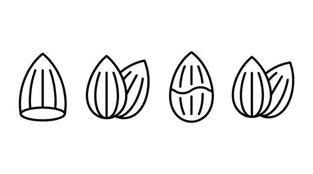 Almond nuts line icon set with minimalist organic seed elements and raw almond shell outline vector illustrations
