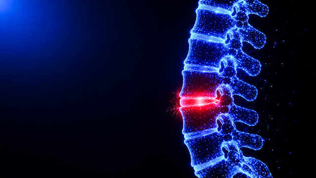 Low-poly glowing blue spine, skeleton, inflamed red vertebrae, medical anatomy, back pain