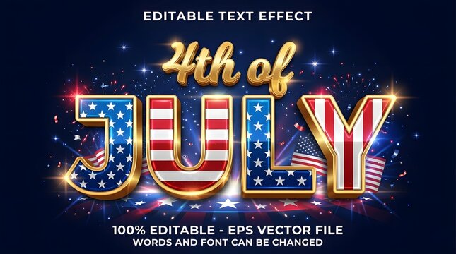 4th of july editable text effect with american flag pattern and golden 3d style for independence day celebration graphic design vector illustration