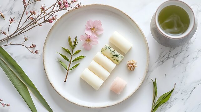 A flat off-white ceramic plate presenting a curated selection of tteok, Korean rice cakes in varied shapes