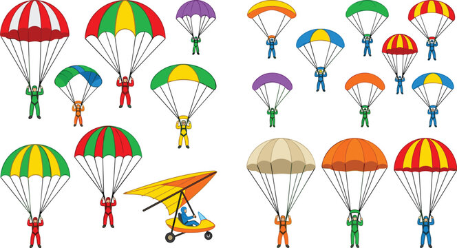Parachute and Skydiver Set &ndash; Colorful Parachuting Characters with Hang Glider Icons