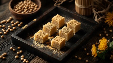 Fototapeta premium A dark lacquered wooden tray featuring injeolmi chewy glutinous rice cake cubes completely dusted in golden roasted soybean powder