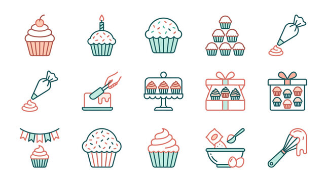 Colorful cupcake illustrations with baking tools and gifts