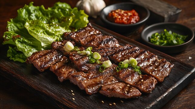 A dark oak wooden board featuring thin slices of caramelized, slightly smoky marinated grilled beef bulgogi