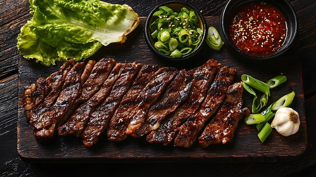 A dark oak wooden board featuring thin slices of caramelized, slightly smoky marinated grilled beef bulgogi