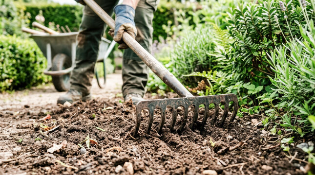 Gardener uses a metal rake to loosen rich soil beside healthy herbs and shrubs, showing hands-on yard care, planting preparation and sustainable outdoor maintenance in a home garden.