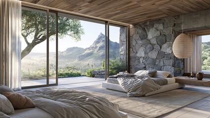 Obraz premium Luxurious modern bedroom with panoramic mountain view and patio