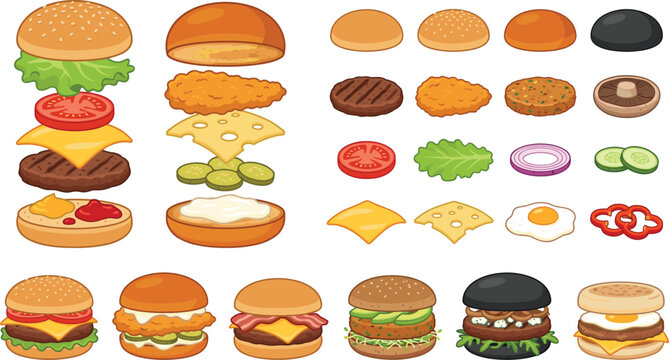 Burger creation kit illustration set featuring exploded views building layers ingredients and assembled hamburgers isolated on white background