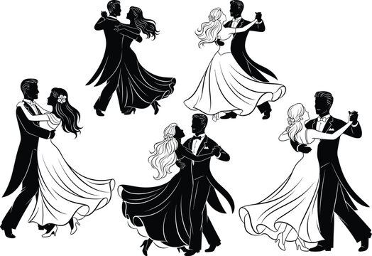 Elegant ballroom dance silhouettes collection featuring couples performing various dance steps ballroom silhouette partners performance illustration movement celebration activity entertainmen