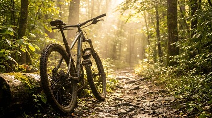 Fototapeta premium Muddy Mountain Bike Leaning on Forest Trail During Golden Hour
