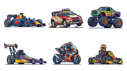 Naklejka premium Diverse Racing Vehicles Collection: Formula 1, Rally Car, Monster Truck, Dragster, Motorcycle, Go-Kart