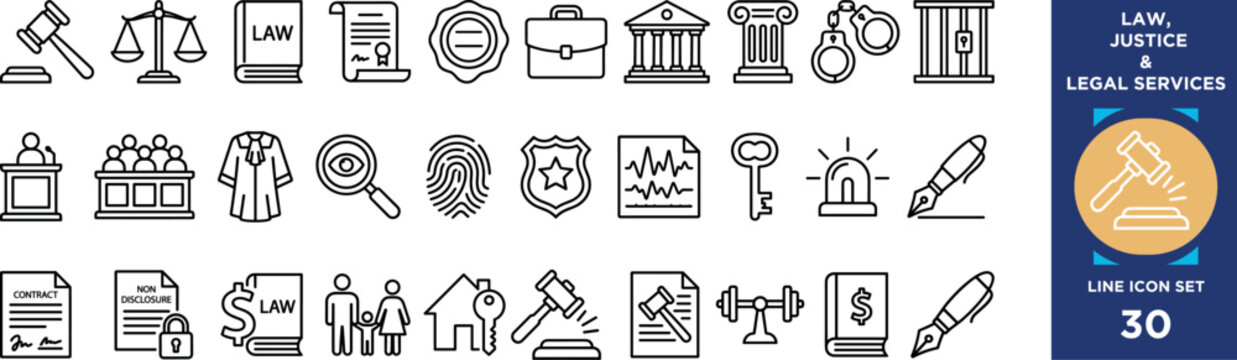 Law, justice and legal services line icon set. collection of linear pictograms for law.