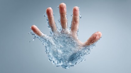 Fototapeta premium Hand Emerging from Water with Dynamic Droplets in a Soft Focus Background for Creative Visuals and Designs