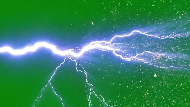 Powerful bright blue lightning bolt striking across a vibrant green background with sparkling particles