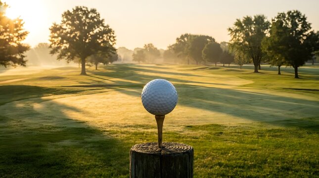 Golf Ball on Tee in Morning Golf Course