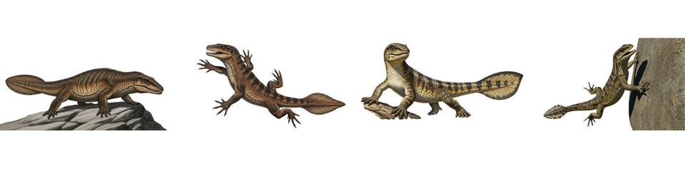 Naklejka premium Four prehistoric diapsid reptiles isolated on black background for science