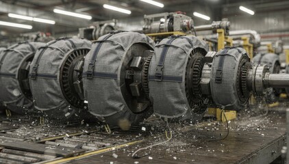 Obraz premium Industrial textile covers tightly wrapped around factory machines protecting sensitive parts from debris and maintaining operational efficiency.