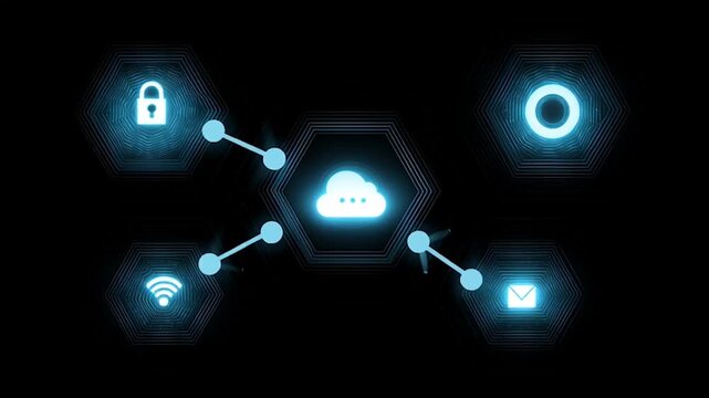 abstract cloud social media innovative cyber security network, using interconnected nodes to represent business partnerships on the Smart digital Innovation city with connection network reciprocity ov