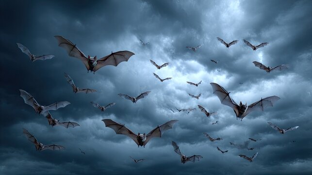 Dark and Mysterious Cloudy Sky with a Swarm of Bats Flying at Dusk Instilling a Sense of Foreboding and Intrigue