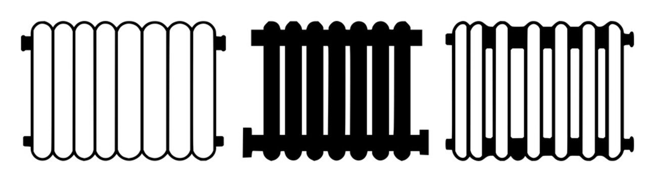 Heating radiator icon set with a solid black design on white background featuring heating, radiator, appliance with line art and minimalist style
