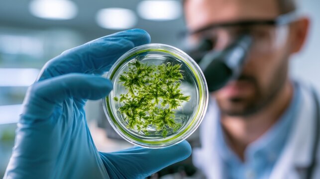 Scientist holding a petri dish with small green plants in a laboratory