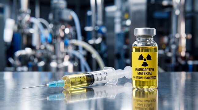 Radioactive material vial and syringe on metal table in laboratory setting for medical research and dangerous chemical experimentation hazard concept