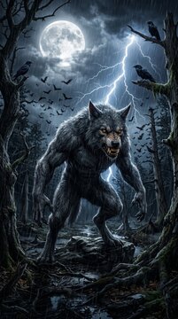 Enigmatic werewolf beneath a glowing full moon amid a tempestuous night filled with crows