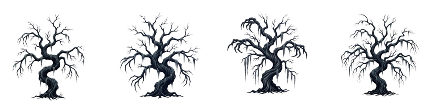 Four spooky twisted bare trees with hanging icicles isolated on black