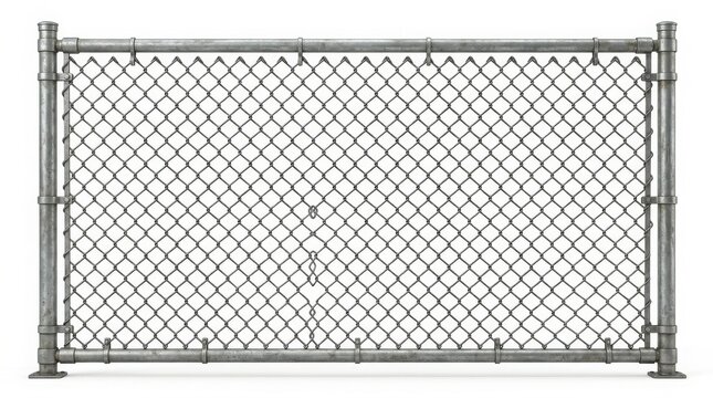 A sturdy metal chain link fence panel isolated against a plain white background with security protection industrial boundary property perimeter construction geometric isolated