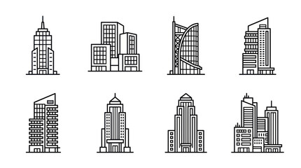 Modern City Buildings Line Art Icons - Skyscraper Collection © Joni