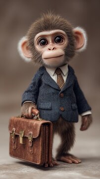 A cute baby monkey dressed in a business suit and tie, holding a vintage leather briefcase, looking at the camera