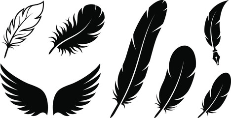 Black and white feather vectors and feather pen silhouette set for creative design, logo, and illustration elements © MdMonowar