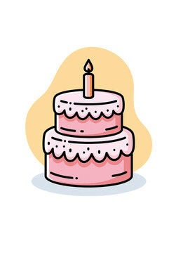 Cartoon Birthday Cake with Candle on Transparent Background