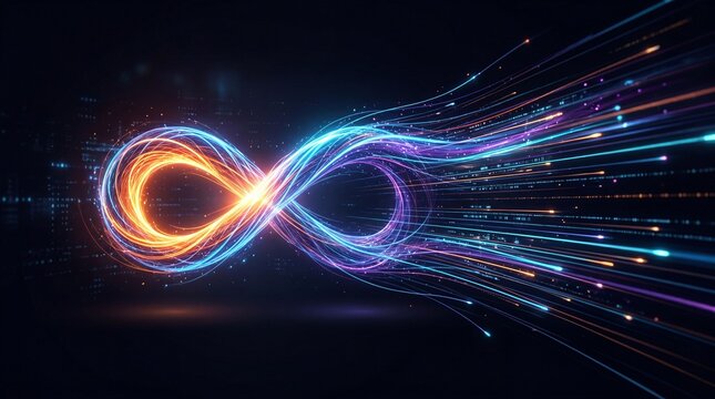 Abstract infinity symbol formed by glowing neon light trails emitting data streams and digital energy waves on a dark background for modern tech concepts