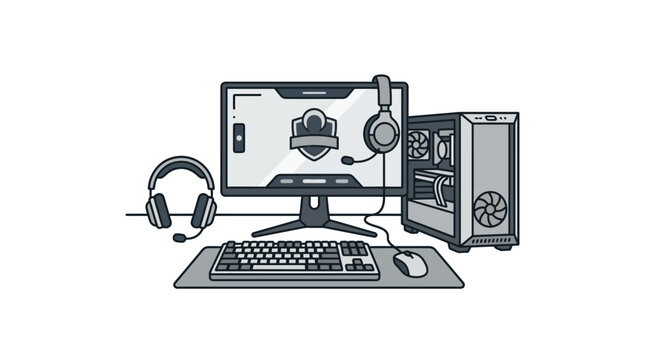 Desktop computer workstation with monitor keyboard and headset icon.