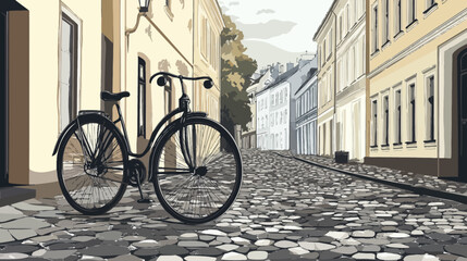 Fototapeta premium A vintage bicycle rests on a cobblestone street between sunlit pastel buildings!