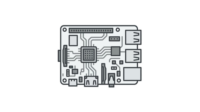 Monochrome circuit board illustration of a single board computer.