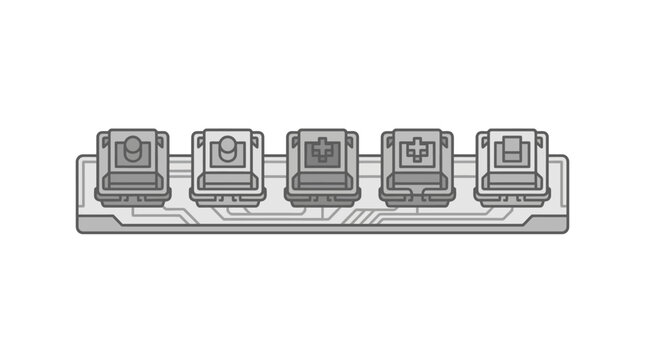 Row of mechanical keyboard switches on a tester base.