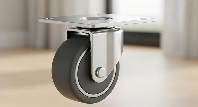 A close-up of a caster wheel with a silver metal bracket