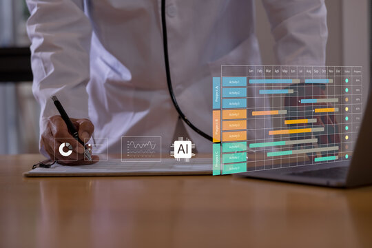 Healthcare professional using AI-powered project management dashboard analytics interface for medical planning, workflow optimization, performance tracking, resource allocation data-driven healthcare 