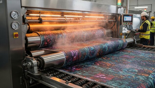 Digital print fixation oven processing yardage with disperse inks highlighting the steaming and controlled heat environment for flawless sublimation on synthetic textiles.