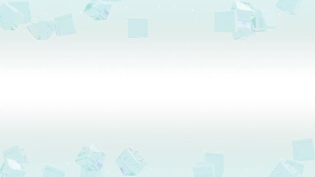 透明なガラスのキューブが上下をゆっくり流れるパステルブルーのループ背景動画 / Transparent Glass Cube Slowly Drifting Up and Down in a Seamless Loop &ndash; Pastel Blue Background