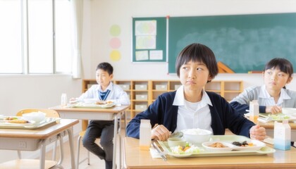 Fototapeta premium 給食の好き嫌いで困った表情をする小学生