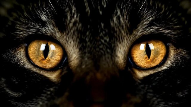Close up macro shot of intense glowing yellow cat eyes staring into the dark camera