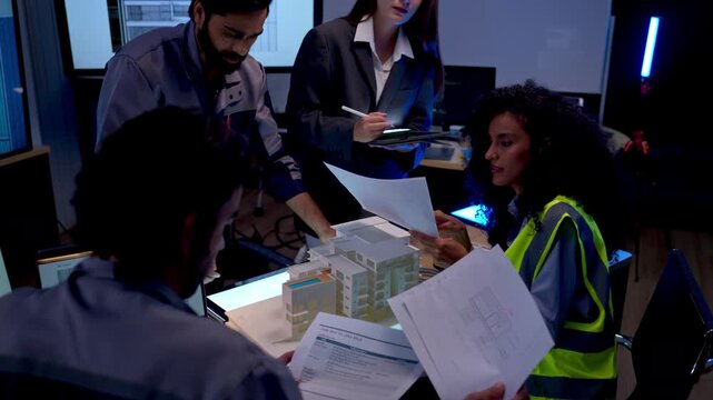 Engineering and business professionals discussing architectural building model and project development strategy in modern collaborative workspace
