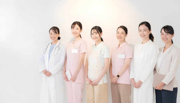 笑顔で並ぶ医療スタッフと介護スタッフのチームイメージ 医院 病院 介護施設 採用イメージ