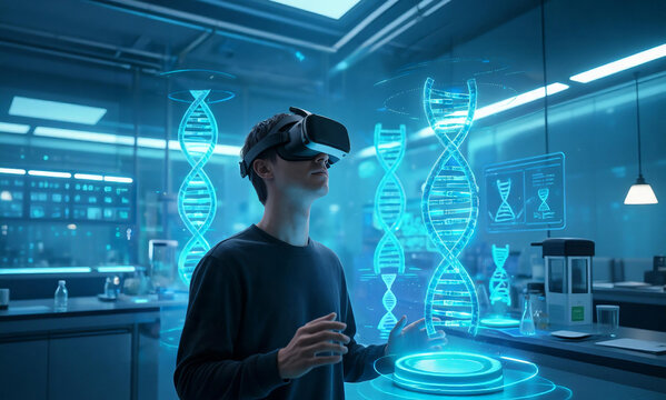 Scientist using virtual reality VR headset to interact with glowing holographic DNA structures in modern futuristic laboratory bioengineering and genetic research concept