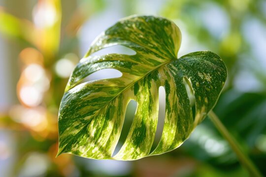 Variegated monstera deliciosa leaf with yellow and green patterns in a sunlit garden